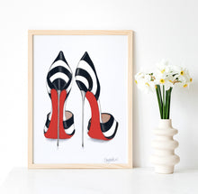 Load image into Gallery viewer, A stunning drawing of a pair of black and white striped high heels with red soles by Sonya Bull
