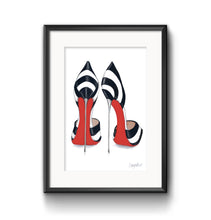 Load image into Gallery viewer, A stunning drawing of a pair of black and white striped high heels with red soles by Sonya Bull
