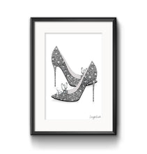 Load image into Gallery viewer, A print of a pair of sparkly Cinderella heels by artist Sonya Bull

