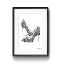 Load image into Gallery viewer, A print of a pair of sparkly Cinderella heels by artist Sonya Bull