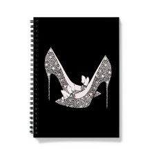Load image into Gallery viewer, A spiral bound notebook with the beautiful artwork Cinderella Shoes by Sonya Bull. Perfect for anyone who loves sparkle and shoes!