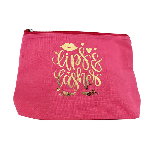 It's all about the lips and lashes!  Made from 100% cotton canvas, these pretty fuschia pink toiletry / make up bags with zip closing have a waterproof lining and gold foil design.    Dimensions: 15 x 27 x 7 cm