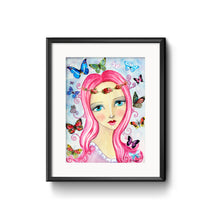 Load image into Gallery viewer, Lady with pink hair and big blue eyes in a whimsical style with a flower headband surrounded by beautiful butterflies.
