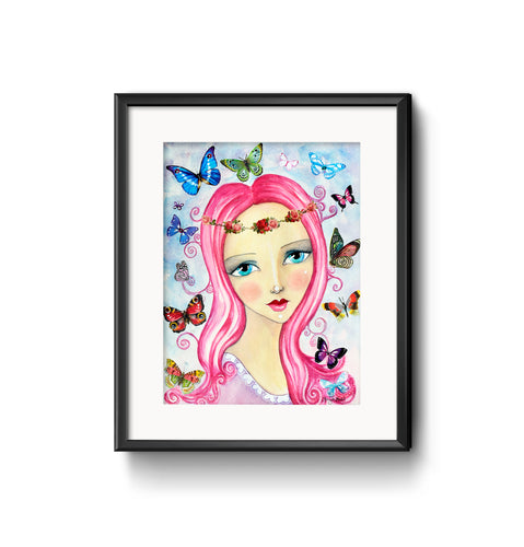 Lady with pink hair and big blue eyes in a whimsical style with a flower headband surrounded by beautiful butterflies.