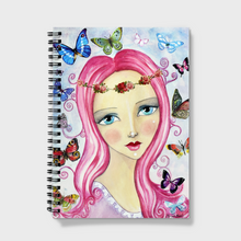 Load image into Gallery viewer, Pretty lady with pink hair surrounded by butterflies Notebook by Sonya Bull
