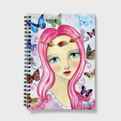Pretty lady with pink hair surrounded by butterflies Notebook by Sonya Bull