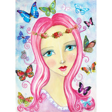 Load image into Gallery viewer, Lady with pink hair and big blue eyes in a whimsical style with a flower headband surrounded by beautiful butterflies.
