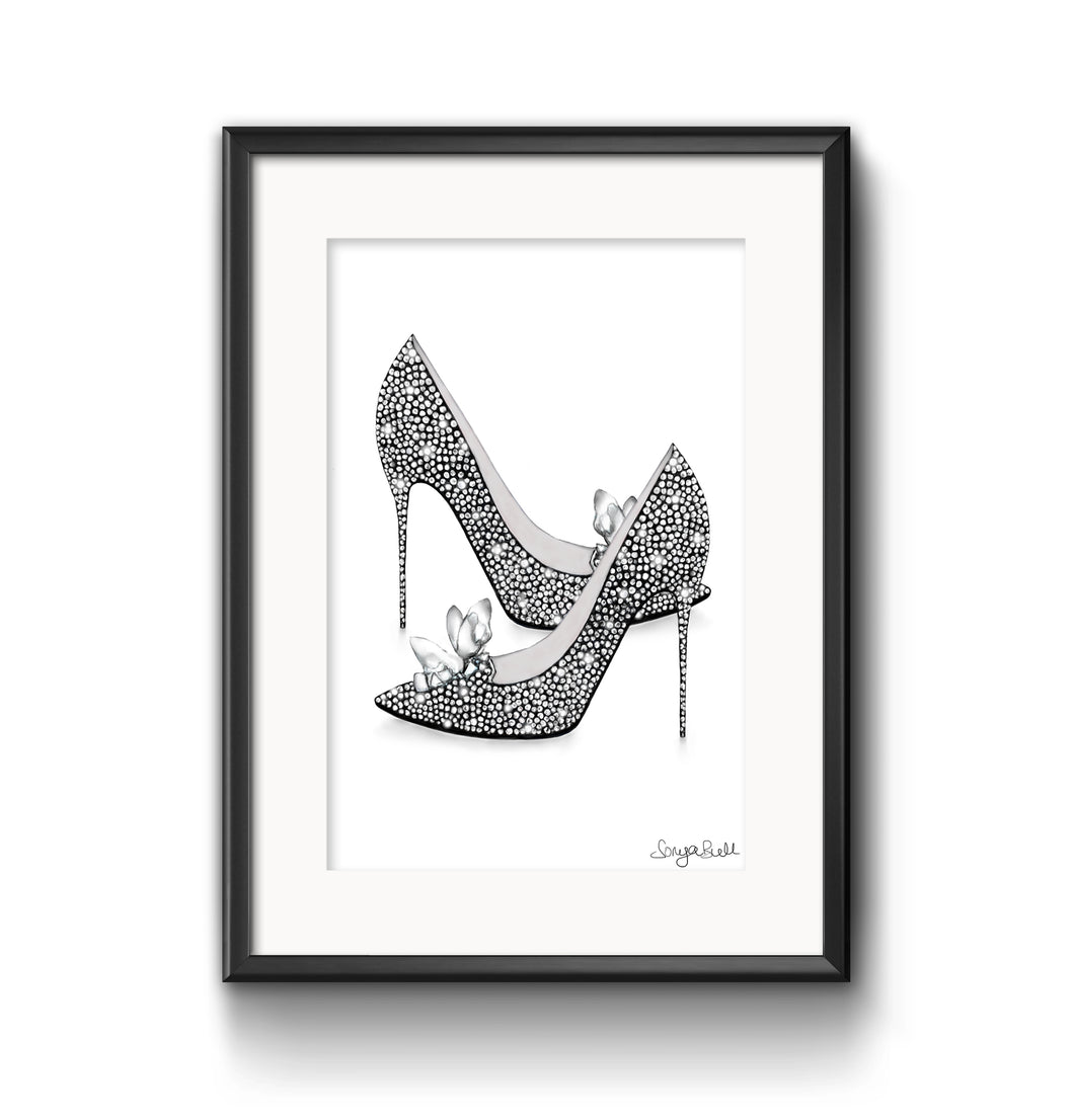A print of a pair of sparkly Cinderella heels by artist Sonya Bull