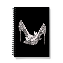 Load image into Gallery viewer, A spiral bound notebook with the beautiful artwork Cinderella Shoes by Sonya Bull.  Perfect for anyone who loves sparkle and shoes!
