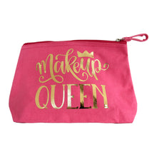 Load image into Gallery viewer, Calling up Make Up Queens!    Made from 100% cotton canvas, these pretty fuschia pink toiletry / make up bags with zip closing have a waterproof lining and gold foil design perfect for make up queens!  Dimensions: 15 x 27 x 7 cm.  Made by Sonya Bull
