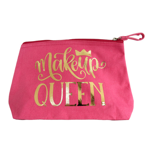 Calling up Make Up Queens!    Made from 100% cotton canvas, these pretty fuschia pink toiletry / make up bags with zip closing have a waterproof lining and gold foil design perfect for make up queens!  Dimensions: 15 x 27 x 7 cm.  Made by Sonya Bull