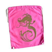 Load image into Gallery viewer, A pink drawstring bag with gold mermaid design by Sonya Bull
