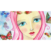 Load image into Gallery viewer, Lady with pink hair and big blue eyes in a whimsical style with a flower headband surrounded by beautiful butterflies.
